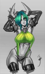 Rule 34 | 1girl, andava, armor, arms up, borrowed character, bracelet, breasts, contrapposto, cropped legs, demon girl, demon horns, elbow gloves, fangs, gloves, green eyes, green hair, hair over one eye, highres, horns, jewelry, large breasts, matching hair/eyes, original, pauldrons, shorts, shoulder armor, solo, spiked bracelet, spikes, spot color, taut clothes, thighhighs