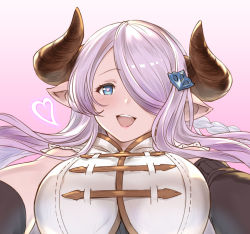 Rule 34 | 1girl, asymmetrical gloves, black gloves, blue eyes, blush, braid, breasts, draph, elbow gloves, gloves, gradient background, granblue fantasy, hair ornament, hair over one eye, hairclip, hanosuke, heart, heart-shaped pupils, highres, horns, large breasts, light purple hair, long hair, looking at viewer, narmaya (granblue fantasy), open mouth, pink background, pointy ears, single braid, sleeveless, smile, solo, symbol-shaped pupils, teeth, uneven gloves