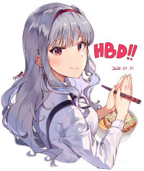 Rule 34 | 1girl, blurry, blush, chopsticks, closed mouth, collared shirt, commentary, cropped torso, dated, depth of field, eyelashes, fingernails, food, from behind, hairband, happy birthday, highres, holding, holding chopsticks, idolmaster, idolmaster (classic), idolmaster million live!, long hair, long sleeves, looking at viewer, looking back, neck ribbon, noodles, own hands together, purple hairband, purple ribbon, ribbon, shijou takane, shirt, sidelocks, signature, silver hair, simple background, smile, solo, suspenders, tuxedo de cat, wavy hair, white background, white shirt, wing collar