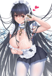 Rule 34 | 1girl, absurdly long hair, absurdres, apron, areola slip, azur lane, black hair, black skirt, bottle, breasts, choker, cleavage, clothes pull, cowboy shot, frilled apron, frilled choker, frills, green eyes, heart, heart-shaped pupils, highres, holding, holding bottle, huge breasts, indomitable (azur lane), indomitable (ms. motivationless maid) (azur lane), leaning forward, long hair, looking at viewer, maid, maid headdress, microskirt, mu mu xiansheng, official alternate costume, pantyhose, pleated skirt, pouring, pouring onto self, pulled by self, simple background, skirt, solo, suggestive fluid, symbol-shaped pupils, very long hair, white apron, white background, white pantyhose