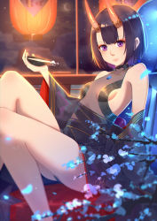 Rule 34 | 1girl, absurdres, bare shoulders, black kimono, blue flower, blunt bangs, blurry, blurry foreground, breasts, closed mouth, commentary request, cup, depth of field, fate/grand order, fate (series), flower, highres, holding, horns, japanese clothes, kimono, lantern, long sleeves, looking at viewer, menghuan tian, oni, paper lantern, purple eyes, purple hair, reclining, revealing clothes, sakazuki, shuten douji (fate), sitting, skin-covered horns, small breasts, smile, solo, wide sleeves