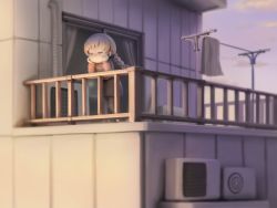 Rule 34 | 1girl, air conditioner, braid, brown hair, building, closed mouth, clothesline, cloud, closed eyes, hands on own cheeks, hands on own face, highres, leaning forward, long hair, madotsuki, nekoita, outdoors, railing, shirt, skirt, sky, sliding doors, solo, standing, sunset, yume nikki