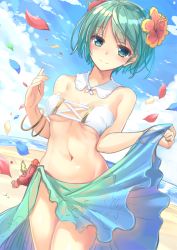 Rule 34 | 1girl, aqua eyes, aqua hair, bare shoulders, beach, bikini, bikini top only, blush, bracelet, breasts, chika mitsurugi, closed mouth, clothes lift, cloud, cloudy sky, cowboy shot, day, detached collar, flower, groin, hair flower, hair ornament, hibiscus, jewelry, kanpani girls, lifted by self, looking at viewer, navel, outdoors, petals, sarong, sarong lift, short hair, sky, small breasts, smile, solo, stomach, swimsuit, taletale, underboob, white bikini