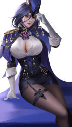 Rule 34 | 1girl, absurdres, arm support, ascot, black corset, black pantyhose, black skirt, blue ascot, blue background, blue cape, blue hair, blue hat, breasts, cape, cleavage, clorinde (genshin impact), closed mouth, corset, dang artt, dark blue hair, epaulettes, fold-over gloves, genshin impact, hair between eyes, hand on headwear, hat, high-waist skirt, highres, large breasts, lips, long hair, looking at viewer, low ponytail, pantyhose, partially unbuttoned, pencil skirt, purple eyes, shirt, simple background, sitting, skirt, solo, thigh strap, tricorne, two-tone background, vision (genshin impact), white background, white shirt