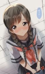 Rule 34 | 1girl, bag, black sailor collar, black skirt, blush, bow, braid, brown eyes, collarbone, commentary request, hair bow, highres, holding, long hair, looking at viewer, low twintails, neckerchief, nose blush, original, parted lips, pentagon (railgun ky1206), pleated skirt, red bow, red neckerchief, sailor collar, school bag, school uniform, serafuku, shirt, short sleeves, skirt, solo, spoken blush, standing, tile wall, tiles, translation request, twin braids, twintails, very long hair, white shirt