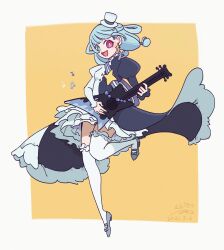 Rule 34 | 1girl, :d, absurdres, aqua hair, artist name, bass guitar, blue flower, border, flower, full body, green eyes, hair rings, hat, heterochromia, highres, holding, holding instrument, hua hua de meme, instrument, juliet sleeves, leg up, long sleeves, mary janes, medium hair, mini hat, mini top hat, musical note, open mouth, original, outside border, puffy sleeves, red eyes, sash, shoes, shoulder sash, signature, sketch, smile, solo, thighhighs, top hat, two-tone dress, white border, white hat, white thighhighs, yellow background