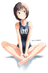 Rule 34 | 1girl, barefoot, black hair, blue one-piece swimsuit, brown eyes, dated, indian style, kantai collection, looking to the side, miyuki (kancolle), name tag, one-piece swimsuit, sakura (medilore), school swimsuit, short hair, simple background, sitting, solo, swimsuit, twitter username, wet, wet clothes, wet hair, wet swimsuit, white background