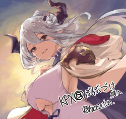 Rule 34 | 1girl, armor, breasts, cape, clothing cutout, draph, dress, flower, granblue fantasy, grey eyes, hair flower, hair ornament, horns, izmir, large breasts, long hair, looking at viewer, nos, open mouth, pauldrons, pointy ears, ponytail, shoulder armor, silver hair, smile, solo, underboob, underboob cutout, white dress