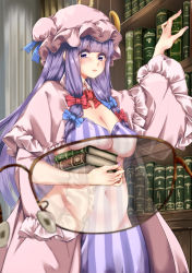 Rule 34 | 1girl, arm up, blue bow, blue ribbon, blush, book, book stack, bookshelf, bow, bowtie, breasts, capelet, cleavage, commentary request, cowboy shot, crescent, crescent hair ornament, dress, frilled capelet, frilled sleeves, frills, glasses, groin, hair bow, hair ornament, hat, hat ribbon, highres, holding, holding book, indoors, long hair, long sleeves, looking at viewer, medium breasts, meji aniki, mob cap, navel, open clothes, open robe, parted lips, patchouli knowledge, pink capelet, pink hat, pink robe, purple dress, purple eyes, purple hair, red bow, red bowtie, ribbon, robe, sidelocks, solo, standing, stomach, touhou, underboob, wide sleeves, x-ray glasses, x-ray vision