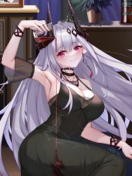 Rule 34 | 1girl, alternate eye color, arknights, arm up, armpits, bare shoulders, black choker, breasts, chinese commentary, choker, cleavage, commentary request, cross, cross necklace, cup, detached sleeves, drinking glass, earrings, grey hair, head tilt, holding, holding cup, horns, indoors, jewelry, large breasts, misheng liu yin, mudrock (arknights), mudrock (obsidian) (arknights), necklace, official alternate costume, pink eyes, pointy ears, pouring, short sleeves, smile, solo, upper body