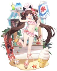 Rule 34 | 1girl, animal ears, bare arms, bare legs, bare shoulders, beach, bikini, blue archive, blush, breasts, brown hair, cleavage, collarbone, day, expressions, flower, food, frilled bikini, frills, hair flower, hair ornament, halo, highres, holding, holding tray, leg up, long hair, looking at viewer, maid headdress, navel, official alternate costume, open mouth, outdoors, platform footwear, purple eyes, sand, sandals, shaved ice, shizuko (blue archive), shizuko (swimsuit) (blue archive), small breasts, smile, solo, starfish, stomach, swimsuit, tray, twintails, very long hair, water drop