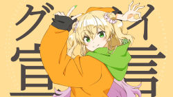 Rule 34 | 1girl, blonde hair, commentary request, double bun, fingernails, flower, goodbye sengen (vocaloid), green eyes, green nails, hair bun, hair flower, hair ornament, highres, hololive, homura minori, hood, hood down, hoodie, long hair, long sleeves, looking at viewer, momosuzu nene, nail polish, official art, ok sign, orange nails, second-party source, solo, song name, v, virtual youtuber, vocaloid, yellow background