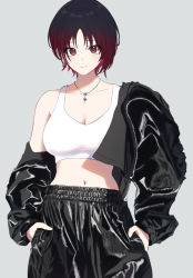 Rule 34 | 1girl, black hair, black jacket, black pants, breasts, cleavage, earrings, gradient hair, grey background, hands in pockets, highres, jacket, jersey, jewelry, kisaragi ren (vtuber), large breasts, looking at viewer, midriff, multicolored hair, necklace, pants, purelove acc, red eyes, red hair, short hair, smile, solo, sports bra, stomach, track jacket, track suit, virtual youtuber, vspo!