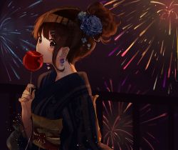 Rule 34 | 1girl, bad id, bad pixiv id, bag, blush, brown eyes, brown hair, candy apple, earrings, eating, fingernails, fireworks, flower, flower earrings, food, food in mouth, hair flower, hair ornament, highres, holding, holding food, japanese clothes, jewelry, kanzashi, kimono, lingmuzi, nail polish, obi, original, pouch, print kimono, sash, short ponytail, solo, summer festival, upper body