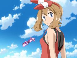 Rule 34 | 1girl, armpits, arms at sides, artist name, bag, bare shoulders, bike shorts, black shorts, blue eyes, bow, brown hair, child, cloud, collarbone, creatures (company), day, expressionless, eyelashes, fanny pack, female focus, flat chest, from side, game freak, gen 3 pokemon, gen 6 pokemon, hair bow, hair ornament, hair ribbon, legs, looking at viewer, may (pokemon), may (pokemon oras), medium hair, neck, nintendo, open mouth, outdoors, pokemon, pokemon oras, red bow, red ribbon, red shirt, ribbon, shiny clothes, shiny skin, shirt, short ponytail, short shorts, shorts, shoulder blades, sky, sleeveless, sleeveless shirt, standing, thighs, tight clothes, tight shirt, turning head, two-tone bow, two-tone ribbon, viper3n3n3 (cristy), wristband