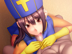 Rule 34 | blush, bodysuit, breasts, censored, chunsoft, clothed female nude male, cosplay, dragon quest, dragon quest iii, enix, fellatio, gloves, hat, highres, nude, ogata mamimi, oral, penis, pov, priest (dq3), purple hair, red eyes