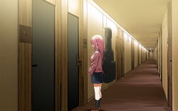 Rule 34 | 1408 (film), 1girl, black socks, bocchi the rock!, breasts, brown footwear, commentary, gotoh hitori, guitar case, hallway, highres, instrument case, jacket, large breasts, loafers, long hair, pink hair, pink jacket, pleated skirt, shoes, skirt, sky-freedom, socks, solo, track jacket