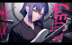 Rule 34 | 1girl, 3v ju, absurdres, blue hair, bocchi the rock!, guitar, highres, instrument, japanese text, looking at viewer, solo, yamada ryo, yellow eyes