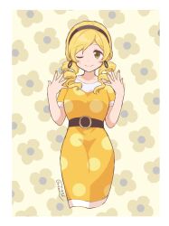 Rule 34 | 1girl, asukaru (magika ru), belt, black belt, black hairband, blonde hair, border, breasts, closed mouth, collarbone, cropped legs, dated, dot nose, dress, drill hair, earrings, facing viewer, fingernails, floral background, hairband, hands up, highres, hoop earrings, jewelry, light blush, looking afar, mahou shoujo madoka magica, mahou shoujo madoka magica (anime), medium breasts, official alternate costume, one eye closed, orange nails, parted bangs, polka dot, polka dot dress, short sleeves, signature, simple background, smile, solo, swept bangs, tomoe mami, twin drills, white border, yellow background, yellow dress, yellow eyes, yellow theme