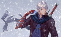 Rule 34 | 1boy, blue scarf, breath, closed mouth, coat, devil may cry (series), devil may cry 4, fingernails, grey eyes, holdp a, male focus, nero (devil may cry), outdoors, purple coat, scarf, sharp fingernails, silver hair, smile, snow, snowing, solo, sword, upper body, weapon, weapon on back