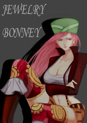 Rule 34 | 1girl, 8chinchin, absurdres, character name, closed mouth, commentary, crossed arms, earrings, english commentary, green hat, hat, highres, jewelry, jewelry bonney, lipstick, long hair, makeup, navel, one piece, pink hair, pink lips, purple eyes, shadow, simple background, sitting, solo
