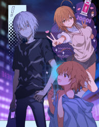 Rule 34 | !, 1boy, 2girls, :d, accelerator (toaru majutsu no index), age difference, aged up, ahoge, alternate breast size, arrow (symbol), bare shoulders, bed sheet, black shirt, blue pants, bob cut, breasts, brown eyes, brown hair, brown sweater vest, building, chibi, chibi inset, commentary, denim, double v, dress shirt, dual persona, foot up, grey skirt, grimace, grin, hair between eyes, hair over eyes, halftone, heart, height difference, index finger raised, jeans, large breasts, last order (toaru majutsu no index), light blush, long bangs, loose socks, multiple girls, naked sheet, navel, open mouth, outside border, pale skin, pants, parted lips, raised eyebrows, red eyes, s m 831, sanpaku, school uniform, shirt, short hair, skirt, smile, socks, sparkle, speech bubble, striped clothes, striped shirt, sweater vest, t-shirt, talking, toaru kagaku no railgun, toaru majutsu no index, toaru majutsu no index: old testament, tokiwadai school uniform, two-tone shirt, v, vat, white hair, white shirt, white socks