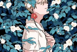 Rule 34 | 1boy, black background, blonde hair, branch, camellia, collared shirt, commentary request, earbuds, earphones, flower, from side, hand on own chest, kankara nashi, leaf, looking at viewer, male focus, original, parted lips, red flower, shirt, short hair, short sleeves, sideways glance, solo, twitter username, upper body, white flower, white shirt, yellow eyes