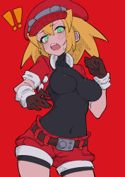 Rule 34 | !, !!, 1girl, absurdres, arm under breasts, black bodysuit, blonde hair, blush, bodysuit, breasts, buzzlyears, cabbie hat, covered collarbone, covered navel, cropped jacket, glowing, green eyes, hat, highres, jacket, medium breasts, mega man (series), mega man legends (series), open clothes, open jacket, open mouth, red hat, red shorts, roll caskett (mega man), shorts, smile, solo