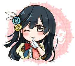 Rule 34 | 1girl, ;), aqua flower, aqua rose, artist name, artist request, beige jacket, black hair, blue hair, blue neckwear, blush, bow, bowtie, breasts, brown jacket, center frills, chase (love live!), collared shirt, cropped jacket, dark blue hair, dress, dress shirt, feather hair ornament, feathers, female focus, finger to mouth, flower, flower print, frilled dress, frills, gloves, grey eyes, hair flower, hair ornament, half gloves, jacket, light brown jacket, long hair, looking at viewer, love live!, love live! nijigasaki high school idol club, love live! school idol festival, necktie, nijigasaki school uniform, one eye closed, parted lips, pink neckwear, ponytail, red bow, red neckwear, rose, school uniform, shirt, side ponytail, smile, solo, upper body, white feathers, white gloves, white shirt, wink, yellow flower, yellow jacket, yellow rose, yuki setsuna (love live!)