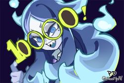 Rule 34 | 1girl, blue eyes, blue hair, colored skin, donuttypd, ghost, ghost girl, glasses, green-framed eyewear, hand up, long hair, looking at viewer, number glasses, open mouth, original, paisley (donuttypd), purple background, sharp teeth, signature, smile, teeth, white skin