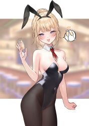 Rule 34 | 1girl, alcohol, animal ears, bar (place), bare shoulders, black leotard, black pantyhose, blonde hair, blue eyes, blush, breasts, champagne, champagne flute, cleavage, covered navel, cup, detached collar, drinking glass, fake animal ears, hair bun, hairband, highres, hololive, hololive english, leotard, looking at viewer, medium breasts, medium hair, necktie, open mouth, pantyhose, playboy bunny, rabbit ears, red necktie, smile, smilesmile1312, solo, strapless, strapless leotard, virtual youtuber, watson amelia