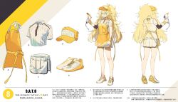 Rule 34 | 1girl, apron, barcode scanner, baseball cap, big hair, blonde hair, breasts, character name, character sheet, chinese text, clothes writing, commentary request, concept art, gao, girls&#039; frontline, green eyes, hair between eyes, hat, highres, holding scanner, italian flag print, long hair, looking at viewer, medium breasts, messy hair, multiple views, nin (lion), no socks, official alternate costume, official art, open mouth, ponytail, ribbon, s.a.t.8 (girls&#039; frontline), shirt, shoes, short sleeves, shorts, smile, sneakers, solo, translation request, translucent hair, two-tone footwear, very long hair, white background, white footwear, white shirt, white shorts, yellow apron, yellow footwear, yellow wristband