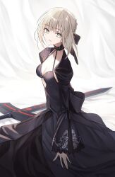 Rule 34 | 1girl, artoria pendragon (all), artoria pendragon (fate), black dress, black ribbon, blonde hair, braid, breasts, cleavage, commentary, dress, excalibur morgan (fate), fate/stay night, fate (series), french braid, hair bun, hair ribbon, highres, long hair, long sleeves, looking at viewer, medium breasts, pttyr, ribbon, saber alter, sidelocks, solo, sword, weapon, yellow eyes