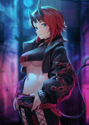 Rule 34 | 1girl, absurdres, black hair, black jacket, black pants, black shirt, blue eyes, blurry, breasts, chain, closed mouth, commentary, cowboy shot, crop top, cropped jacket, demon girl, demon horns, demon tail, depth of field, highres, horns, huge filesize, jacket, large breasts, long sleeves, looking at viewer, midriff, mr.lime, multicolored hair, nanashi inc., navel, open clothes, open jacket, pants, puffy sleeves, rain, red hair, ryugasaki rene, ryugasaki rene (1st costume), shirt, short hair, sleeveless, sleeveless shirt, solo, stomach, sugar lyric, tail, two-tone hair, underboob, virtual youtuber