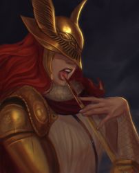 Rule 34 | 1girl, elden ring, facing viewer, helmet, highres, licking, licking blade, licking blood, licking weapon, long hair, malenia blade of miquella, mechanical arms, prosthesis, prosthetic arm, red hair, single mechanical arm, sleepysolaire, solo, tongue, tongue out, weapon, winged helmet