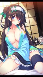 Rule 34 | 1girl, bare shoulders, bed sheet, black hair, blue eyes, blush, breasts, character doll, chiri (atlanta), cleavage, covered erect nipples, double bun, flower, hair between eyes, hair bun, hair flower, hair ornament, hairband, head tilt, highres, large breasts, letterboxed, long hair, looking at viewer, rinne (sennen sensou aigis), sennen sensou aigis, sitting, solo, sweat, unmoving pattern, very long hair, wariza, window, | |