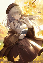 Rule 34 | 1girl, absurdres, autumn, backlighting, beret, book, breasts, brown hat, center frills, closed mouth, frills, ginkgo tree, grey eyes, grey hair, hat, highres, holding, holding book, large breasts, long hair, long sleeves, looking at viewer, mashilemo, original, outdoors, smile, solo, wind