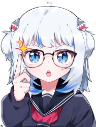 Rule 34 | 1girl, bespectacled, black-framed eyewear, black sailor collar, black shirt, blue eyes, blue hair, blush, commentary, english commentary, fish skeleton, gawr gura, glasses, hair ornament, hand up, highres, hololive, hololive english, index finger raised, long hair, long sleeves, looking at viewer, multicolored hair, open mouth, puffy long sleeves, puffy sleeves, red neckwear, sailor collar, sharp teeth, shirt, silver hair, simple background, sleeves past wrists, solo, streaked hair, teeth, tosyeo, two side up, upper body, v-shaped eyebrows, virtual youtuber, white background