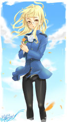 Rule 34 | 1girl, :o, bad id, bad pixiv id, blonde hair, blush, cloud, crotch seam, day, flower, glasses, jun (spitfire), long hair, military, military uniform, panties, panties under pantyhose, pantyhose, perrine h. clostermann, petals, sky, solo, strike witches, underwear, uniform, wind, world witches series, yellow eyes
