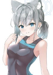 Rule 34 | 1girl, absurdres, animal ears, armpit peek, bare shoulders, black one-piece swimsuit, blue archive, blue eyes, blue halo, breasts, closed mouth, grey hair, hair between eyes, halo, highres, medium breasts, mismatched pupils, official alternate costume, official alternate hairstyle, one-piece swimsuit, ponytail, shiroko (blue archive), shiroko (swimsuit) (blue archive), simple background, smile, solo, swimsuit, syatiten, upper body, white background, wolf ears, wolf girl