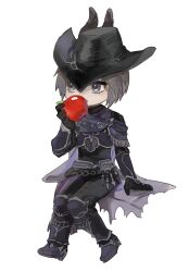 Rule 34 | 1girl, androgynous, apple, arm support, armor, black eyes, black gloves, black hair, black hat, black pants, breastplate, cape, chibi, eating, expressionless, final fantasy, final fantasy xiv, food, fruit, full body, gg dal, gloves, greaves, hand up, hat, hat feather, holding, holding food, holding fruit, invisible chair, looking afar, no nose, o-ring, open mouth, pants, purple cape, purple scarf, reaper (final fantasy), reverse trap, scarf, short hair, simple background, sitting, solo, tricorne, white background, zero (ff14)