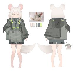 Rule 34 | 1girl, absurdres, animal ear fluff, animal ears, barefoot, character sheet, commentary, from behind, grey jacket, hand in pocket, highres, hood, hooded jacket, jacket, mouse ears, mouse girl, multiple views, original, personification, photo inset, puremage, reference inset, shorts, simple background, symbol-only commentary, tail, white background, white eyes, white hair