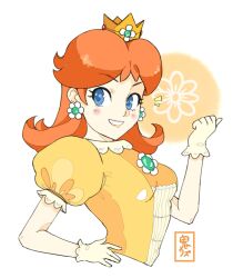 Rule 34 | 1girl, blue eyes, breasts, brown hair, commentary, crown, dress, earrings, flower brooch, flower earrings, gloves, hand on own hip, hand up, highres, jewelry, mario (series), medium breasts, medium hair, nintendo, onirizu, orange dress, parted bangs, princess daisy, puffy short sleeves, puffy sleeves, short sleeves, solo, super smash bros., symbol-only commentary, white gloves, yellow dress