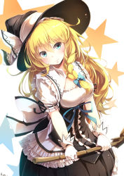 Rule 34 | 1girl, absurdres, artist name, black hat, blonde hair, blue bow, blush, bow, braid, breasts, broom, gloves, grin, hair bow, hat, hat bow, hat ribbon, highres, holding, holding broom, kanzakietc, kirisame marisa, large breasts, long hair, looking at viewer, parted lips, ribbon, signature, smile, solo, touhou, white bow, white gloves, white ribbon, witch hat