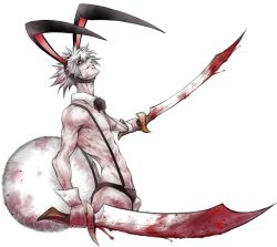 Rule 34 | 1boy, akatsuki akira, animal ears, black eyes, blood, bloody weapon, bow, bowtie, rabbit ears, rabbit tail, cowboy shot, crazy eyes, dual wielding, evil grin, evil smile, grin, holding, juuni taisen, looking at viewer, male focus, official art, sharp teeth, topless male, simple background, smile, suspenders, tail, teeth, usagi (juuni taisen), weapon, white background