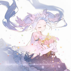 Rule 34 | bare shoulders, blue hair, blue ribbon, blurry, blurry background, bouquet, cape, closed mouth, crystal, detached collar, detached sleeves, diadem, dress, earrings, english text, eyelashes, closed eyes, floating hair, flower, frilled dress, frilled sleeves, frills, hair ornament, happy, happy valentine, hatsune miku, highres, hokuotzu, holding, holding bouquet, holding flower, jewelry, leaf, light particles, light smile, long dress, long hair, musical note, musical note hair ornament, orange flower, orange rose, petals, pink flower, pink rose, plaid, plaid dress, puffy short sleeves, puffy sleeves, purple flower, ribbon, rose, short sleeves, sidelocks, simple background, snowflake hair ornament, snowflakes, sparkle, striped, striped sleeves, twintails, upper body, vocaloid, white background, white cape, white flower, white ribbon, yellow flower, yellow rose, yuki miku, yuki miku (2019)