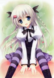 Rule 34 | 1girl, :d, absurdres, aoi yachiho, boots, braid, green eyes, hair ornament, highres, juliet sleeves, karory, koi imo sweet days, long hair, long sleeves, looking at viewer, open mouth, puffy sleeves, scan, silver hair, sitting, smile, solo, striped clothes, striped thighhighs, thighhighs, twin braids