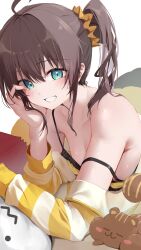 Rule 34 | 1girl, absurdres, ahoge, aqua eyes, bare shoulders, breasts, brown hair, camisole, commentary request, hair ornament, hair scrunchie, head rest, highres, hololive, jacket, looking at viewer, matsurisu, mikaku, natsuiro matsuri, natsuiro matsuri (matsuri&#039;s day off), off shoulder, official alternate costume, scrunchie, side ponytail, simple background, small breasts, smile, strap slip, striped clothes, striped jacket, upper body, virtual youtuber, white background, yellow camisole, yellow jacket, yellow scrunchie