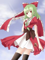 Rule 34 | 1girl, adapted costume, ahoge, alternate hair color, bad id, bad pixiv id, black thighhighs, bow, cloud, day, female focus, frills, front ponytail, green hair, hair bow, hair ornament, hair ribbon, hand on own chest, highres, kagiyama hina, long hair, red eyes, ribbon, short sleeves, sky, smile, solo, taro (yuzuz00), thighhighs, touhou