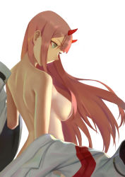 Rule 34 | 10s, 1girl, back, bad id, bad pixiv id, breasts, closed mouth, unworn clothes, commentary request, darling in the franxx, floating hair, from behind, green eyes, hair censor, highres, horns, jacket, unworn jacket, large breasts, long hair, ocarino, off shoulder, pink hair, simple background, solo, upper body, white background, white jacket, zero two (darling in the franxx)